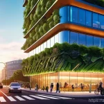 건축산업분야에서의 국제 설계 기준 - **Prompt:** A state-of-the-art, sustainable skyscraper in a vibrant, futuristic cityscape at sunset....