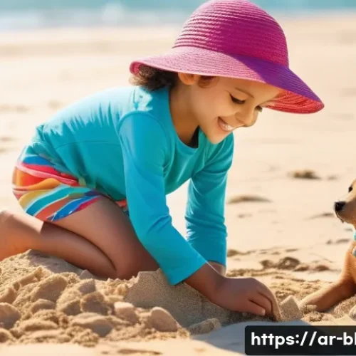 건축산업기사와 컴퓨터 지원 설계 CAD  활용법 - **Prompt:** A young girl (8 years old) wearing a colorful, modest swimsuit with a sun hat, building ...