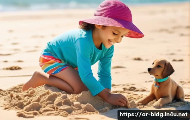 건축산업기사와 컴퓨터 지원 설계 CAD  활용법 - **Prompt:** A young girl (8 years old) wearing a colorful, modest swimsuit with a sun hat, building ...