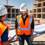 건축산업기사와 건설 자재 관리 기술 - A detailed construction site scene in a Middle Eastern urban setting during daylight, showcasing a d...