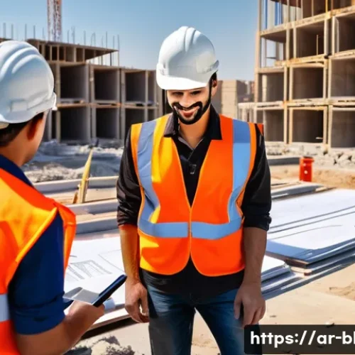 건축산업기사와 건설 자재 관리 기술 - A detailed construction site scene in a Middle Eastern urban setting during daylight, showcasing a d...