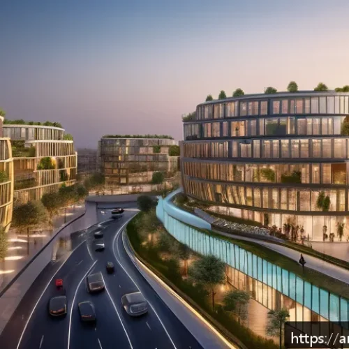 건축산업기사와 스마트 시티 설계 - A futuristic urban streetscape in an Arab city at sunset, showcasing smart buildings with dynamic fa...