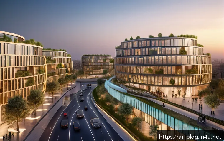 건축산업기사와 스마트 시티 설계 - A futuristic urban streetscape in an Arab city at sunset, showcasing smart buildings with dynamic fa...