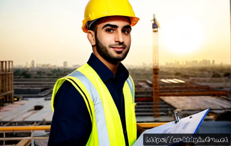 Home 17 건축산업기사 자격증 취득 성공 사례 - Photorealistic success portrait of a young Arab construction technician in a clean safety helmet and...