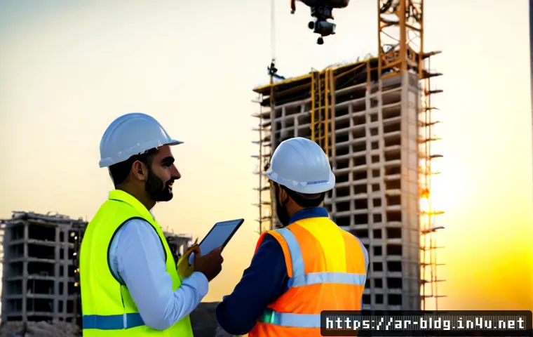 건축산업분야 최신 기술 트렌드 - Photorealistic smart construction site in a modern Gulf city at sunrise, Arab engineers wearing hard...
